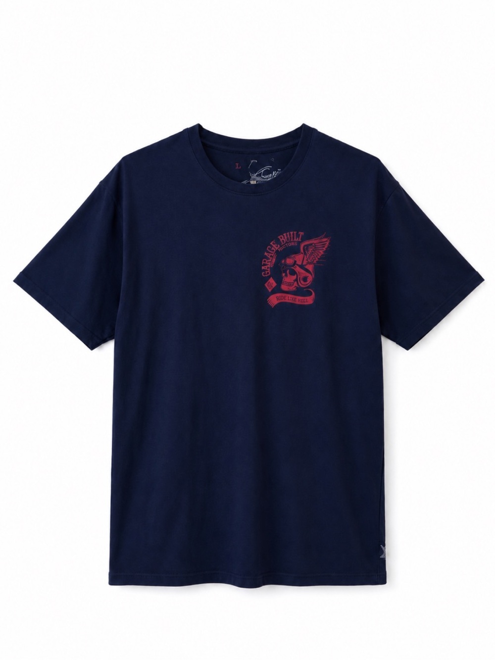 Saint Motors Garage Built Graphic Tee Shirt Navy Red Skull Biker Moto Large NWT!